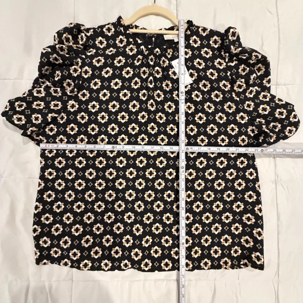 LOFT Blouse XL Black Geometric Ruffle Neck Puff Sleeve NEW